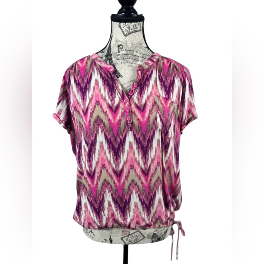 Croft & Barrow Pink and Purple Button Neckline Side Tie Top Size M